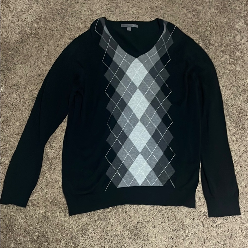 Old Navy Men's Black V-Neck Sweater with Gray Argyle